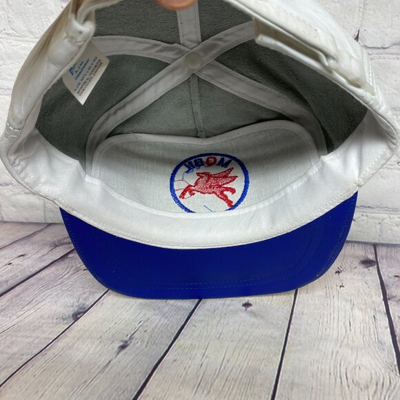 Vintage Mobil Oil Leather Hat Cap Strap Back White Blue Embroidered Pegasus Logo - Picture 7 of 10